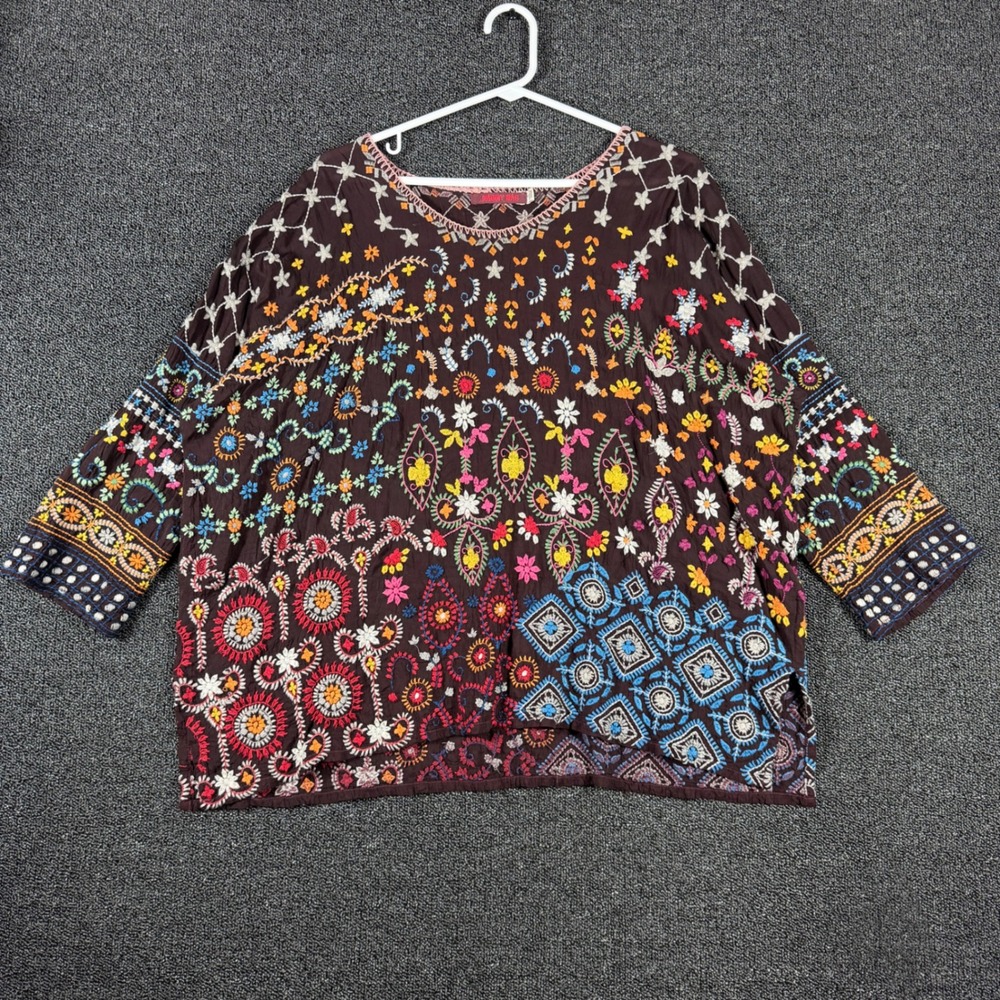 Johnny Was Heavily Embroidered Cupra Rayon Blouse Brown Boho Floral Top Womens M